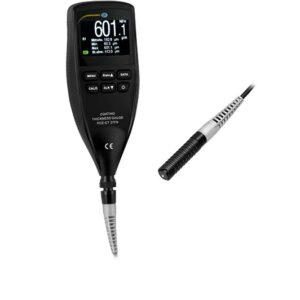 A digital coating thickness gauge with a black body and an LCD screen displaying measurements. It has several buttons below the screen and is connected to a detachable probe. The probe is shown alongside the device in a separate, close-up view.