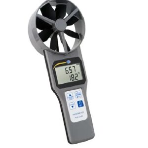 A handheld digital anemometer with a large fan at the top and an LCD screen below displaying readings of 6.57 m/s and 18.2°C. The device has several buttons including 'SET' and 'ON/OFF' below the screen. The body is gray and black.