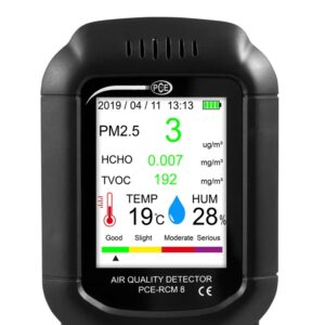 A PCE air quality detector PCE-RCM 8 in black colour body with digital display showing date, time, battery charge, PM2.5, HCHO, TVOC, TEMP 19 degree celsius and HUM 28 percentage.