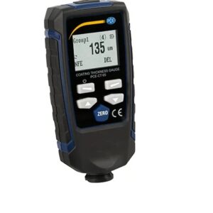 A handheld coating thickness gauge with digital display, showing a reading of 135 micrometers (µm). The device features several buttons including a "ZERO" button and is branded as PCE Instruments. The casing is predominantly black with blue accents.