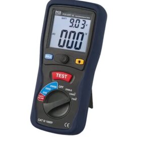 A digital multimeter with a blue and black protective casing displays a reading of 9.03. The device features a large digital screen, a "TEST" button, and a rotary switch for different measurement settings. It is labeled PCE-ERT 10 and rated CAT III 1000V.