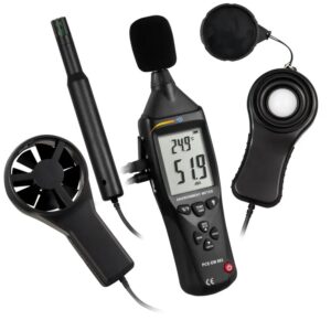 A digital environmental meter with an LCD screen showing temperature and sound readings. The device is accompanied by different probes for various measurements, including a fan, a light sensor, and a humidity probe.