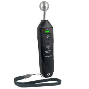 A black handheld moisture meter labeled "PCE-PMI 18BT" with a spherical sensor on top. The device has a power button, an indicator light, and a wrist strap attached for convenience. Text on the front reads "Moisture Meter.