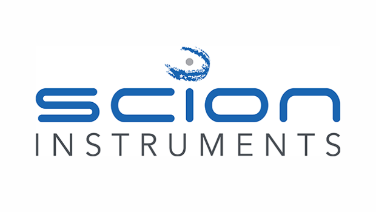 The image displays the logo of Scion Instruments. The logo features the word "scion" in lowercase, blue, futuristic font and "INSTRUMENTS" in uppercase, gray font below it. Above the text, there is a stylized blue circular design.