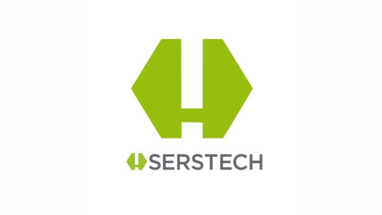 A green hexagon with a stylized 'H' inside is above the grey text "SERSTECH" in a bold, modern font. A smaller version of the hexagon and 'H' symbol is to the left of the company name. The background is white.