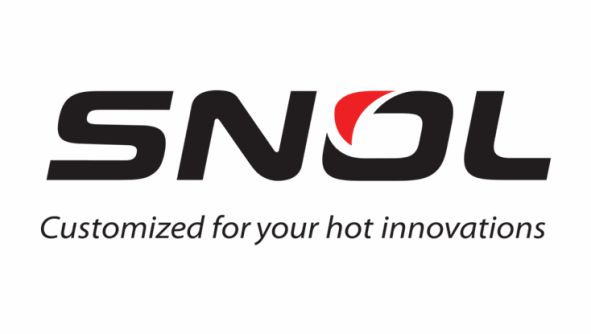 The image shows the SNOL logo, which consists of the company name "SNOL" in bold, black, uppercase letters with a stylized red element on the "O." Below the name is the tagline "Customized for your hot innovations" in smaller, italicized black text.