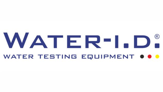 The image showcases the logo of Water-I.D., a company specializing in water testing equipment. The text "Water-I.D." is in bold blue uppercase letters, with "WATER TESTING EQUIPMENT" beneath it in smaller letters. Three dots in black, yellow, and red are aligned horizontally.