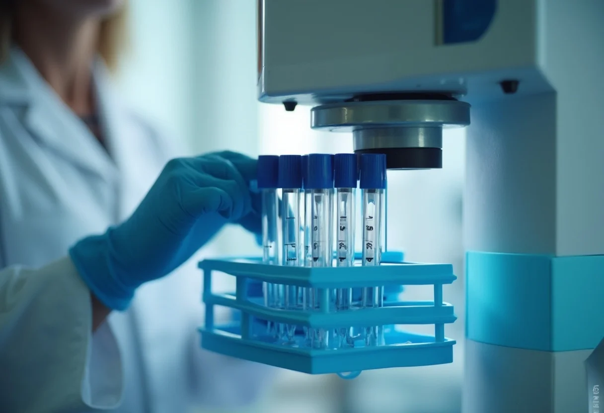 A scientist in a laboratory is placing a rack of test tubes under a microscope. The test tubes are capped with blue lids and contain a clear liquid. The scientist is wearing a white lab coat and blue gloves. The background is blurred.